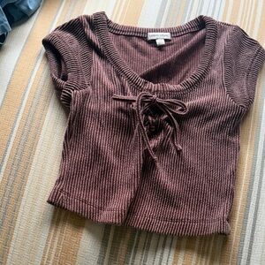 Lush Ribbed Tie-Front Crop Top - Brown